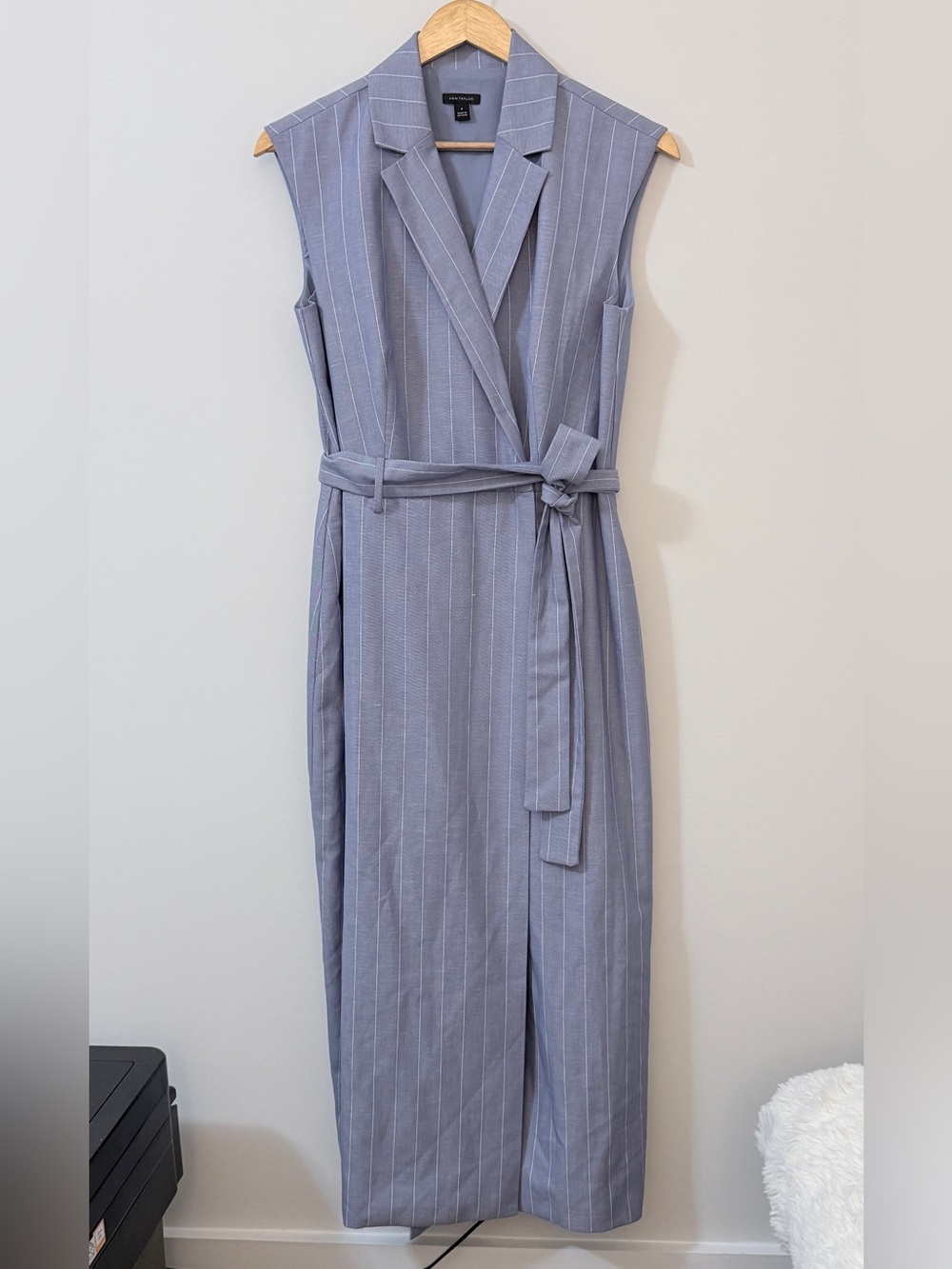 Ann Taylor Belted Blazer Wrap Dress Blue Pinstripes